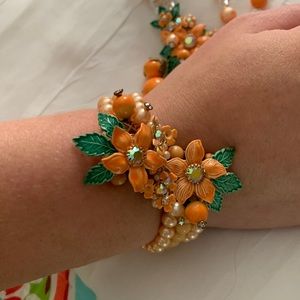 Vintage Orange Blossom, Necklace, bracelet, clip on earrings set